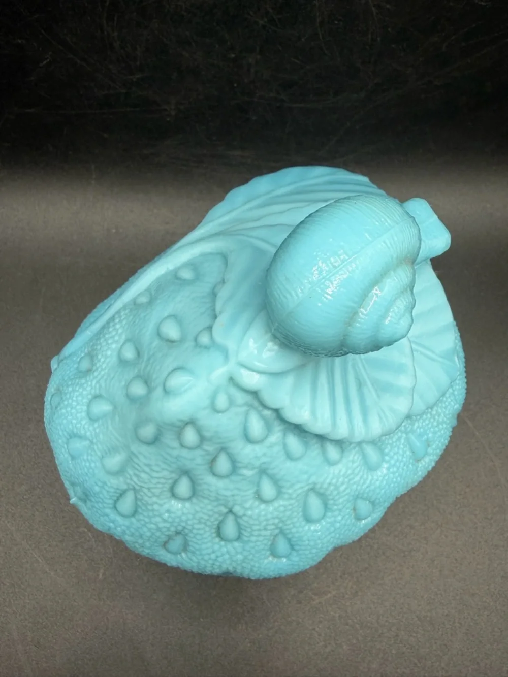 Portieux Blue Milk Glass Snail on Strawberry Lidded Dish Candy Bowl Trinket Box
